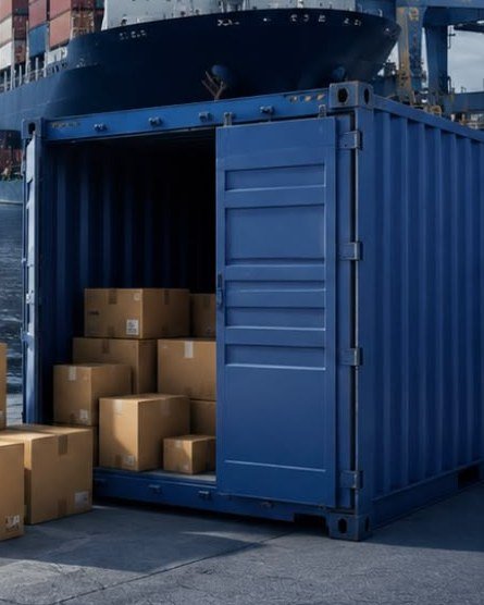 Porte-conteneurs à quai et conteneur ouvert rempli de cartons